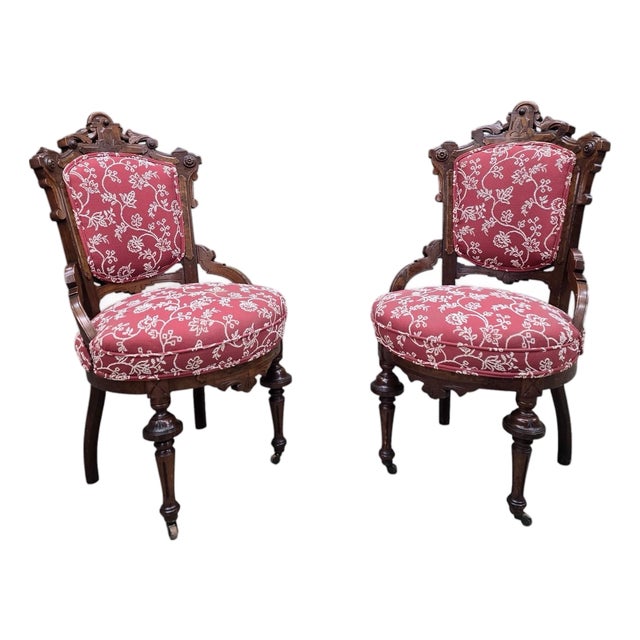 Antique Victorian Carved Walnut Parlor Chairs - Pair For Sale