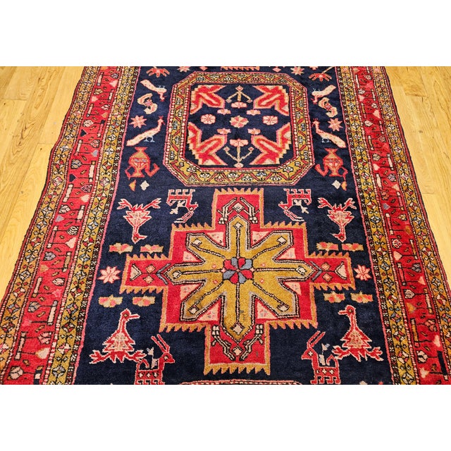 Vintage Persian Hamadan Gallery Rug, Hand-Knotted Wool, Geometric Bird Motifs Design, Navy & Red, 5’ X 11’ For Sale - Image 4 of 14