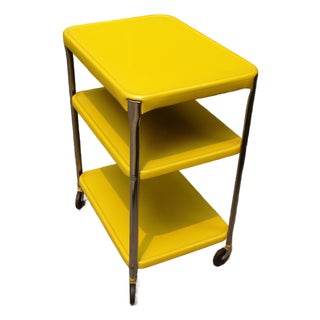 Vintage Industrial Yellow Cosco Chrome Kitchen 3 Shelf Utility Cart With Wheels For Sale