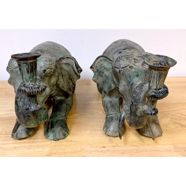 Asian Large Pair Asian Bronze Recumbent Processional Elephant Motif Candlesticks For Sale - Image 3 of 8