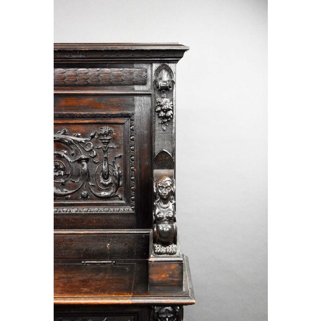 Wood Antique Heavil Carved Oak Bench, 1860 For Sale - Image 7 of 18