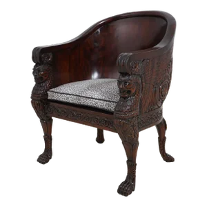 Monumental Ornately Carved Throne Chair W. Upholstered Seat