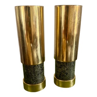 Vintage Saulo of Norway Brass and Stone Candleholders For Sale