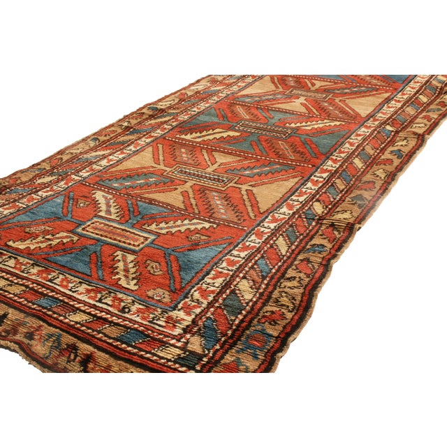 Transitional Antique Bakhshaish Red and Blue Geometric Wool Persian Runner With Bronze For Sale - Image 3 of 7