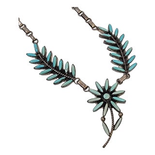 Vintage Sterling Silver Norbert & Florenda Haskie Zuni Needlepoint Petit Point Turquoise Necklace For Sale
