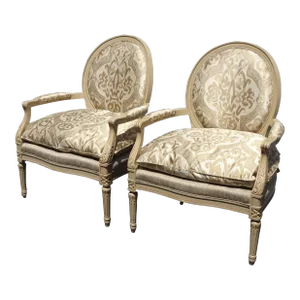 Pair Classic Henredon Silk Down Accent Chairs Large French Louis XVI Bergere