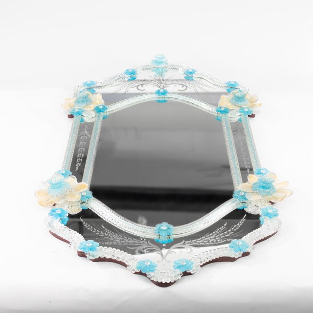 Baroque 49-Inch Mid-Century Venetian/Murano Mirror With Turquoise Gold Infused Flowers For Sale - Image 3 of 18