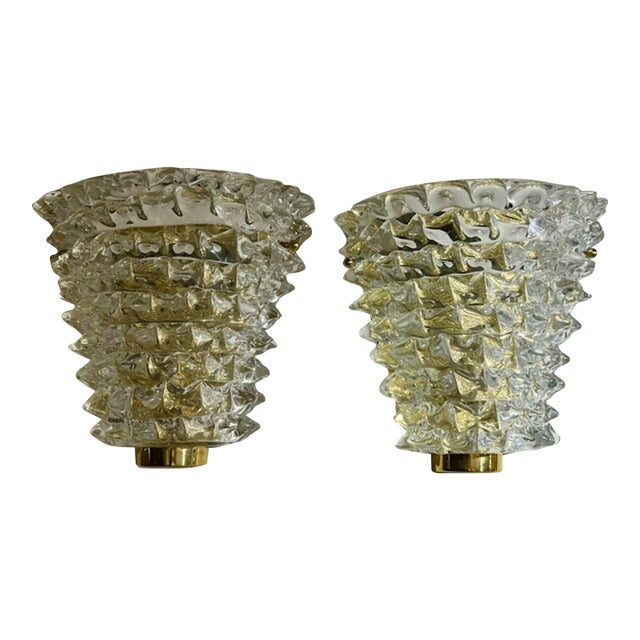 Pair of Modern Rostrada Murano Glass and Brass Sconces For Sale