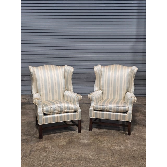 Mid 20th Century Mid 20th Century Pair Mahogany Chippendale Style Armchairs Wing Chairs Blue Silk Striped Fabric For Sale - Image 5 of 11