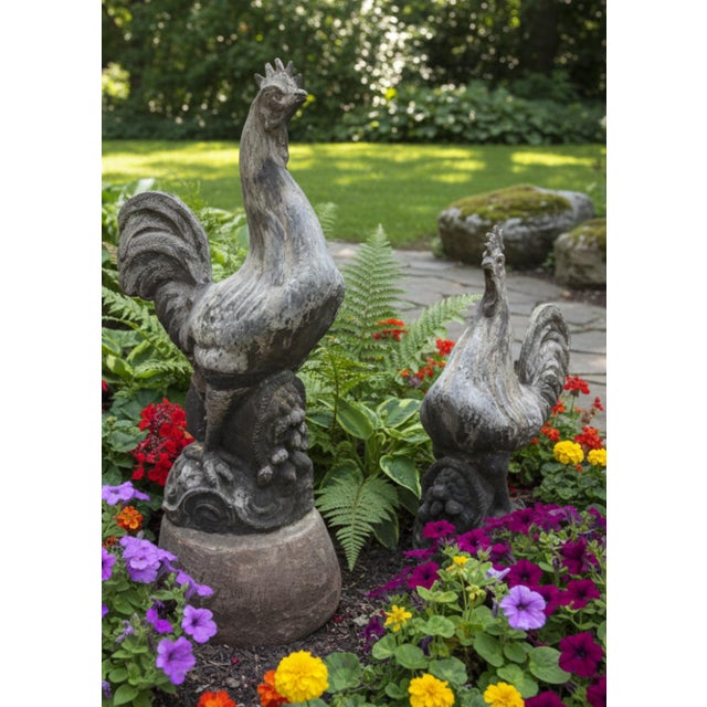 Vintage Cast Lead Rooster Garden Statues - A Pair For Sale In West Palm - Image 6 of 7
