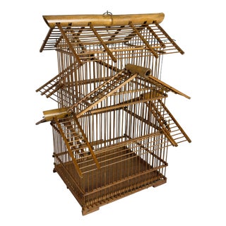 Vintage Architectural Pagoda Aviary Cage in Wood and Bamboo For Sale