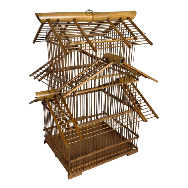Vintage Architectural Pagoda Aviary Cage in Wood and Bamboo For Sale