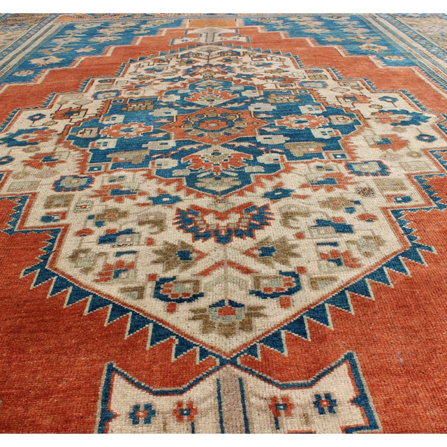 Mid 20th Century Vintage Turkish Oushak Rug in Blue, Terracotta, Light Brown and Camel 7'6 X 12 For Sale - Image 5 of 8