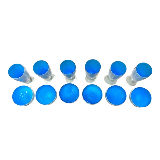 1960s 1960s Carlo Moretti Murano Tiffany Blue and White Cased Stemware Wine Goblets & Compotes - Set of 12 For Sale - Image 5 of 18