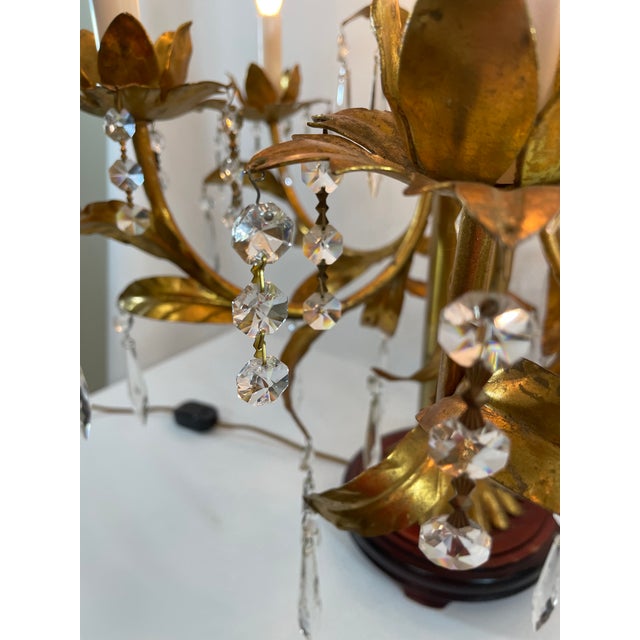 Mid 20th Century Italian Gilt Tole and Crystals Electric Candelabra Lamp For Sale - Image 12 of 18