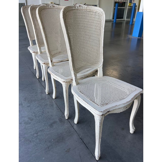 Vintage Italian Louis XV Style Double Cane Dining Chairs, Set of 4, Distressed White Finish For Sale - Image 4 of 13
