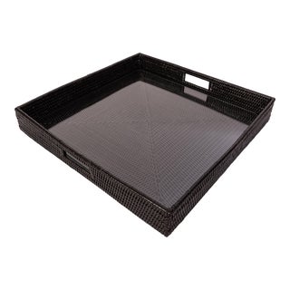 Artifacts Rattan Square Serving Ottoman Trays with Glass Insert in Black, Large For Sale