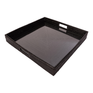 Artifacts Rattan Square Serving Ottoman Trays with Glass Insert in Black, Large