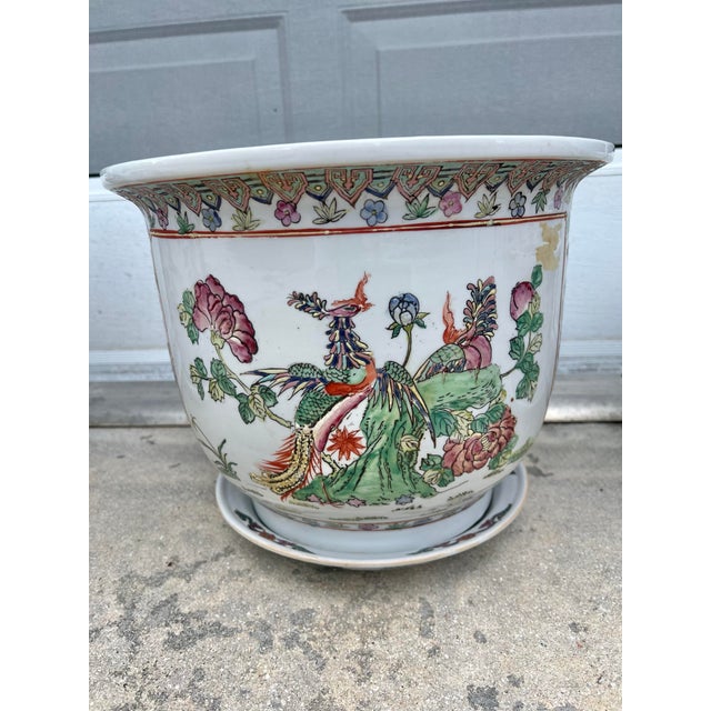 Vintage Chinese Famille Rose Porcelain Fishbowl Planters & Saucers - Pair For Sale - Image 9 of 10
