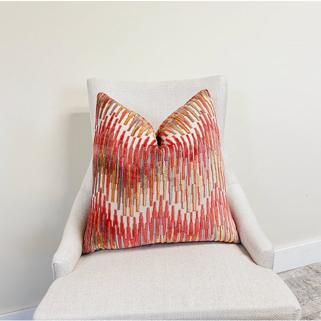 Terracotta Multi Zigzag Velvet Throw Pillow With Feather Down Insert For Sale - Image 4 of 5
