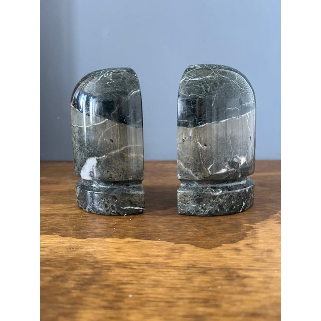 Fine 1980s Black / Charcoal grey with white veins Marble bookends, polished sculptural forms. Terrific quality marbles...