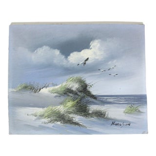 Vintage Oil Painting, Seascape Beach Scene, Unframed Muted, Natural Colours, Sand Dunes, Waves, Seagulls Pampas Grass, Beach House Decor Art For Sale