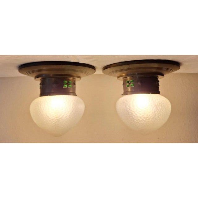 Goldenrod Antique German Art Nouveau Ceiling Lamps with Elaborate Brass Mounting and Original Frosted Relief Glass Shade, 1890s, Set of 2 For Sale - Image 8 of 8