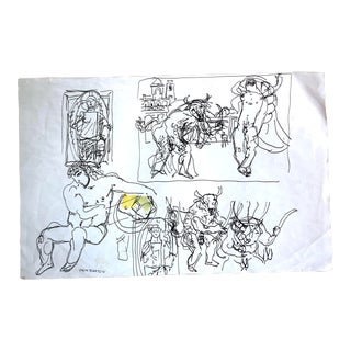 Vintage Folk Art Minotaur Sketches Signed Pemberton For Sale
