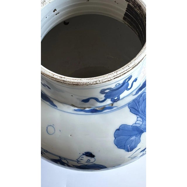 Chinoiserie Antique Chinese Blue & White "Hundred Boys" Porcelain Vase With Wooden Cover (Kangxi Period) For Sale - Image 3 of 13