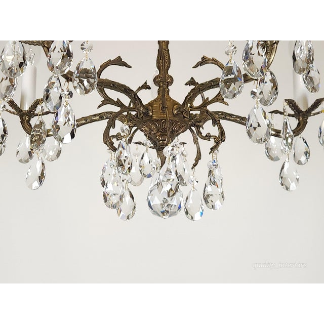 Shabby Chic Antique 5 Light 5 Arm Overflowing Opulent Brass Cut Lead Crystal Chandelier For Sale - Image 3 of 12