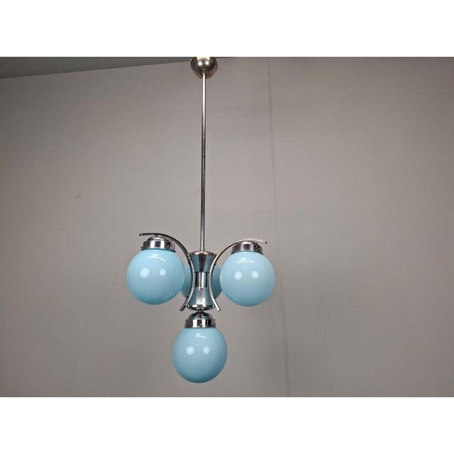 Czech Art Deco Blue Opaline Glass and Chrome 4-Light Chandelier, 1930s For Sale - Image 6 of 18