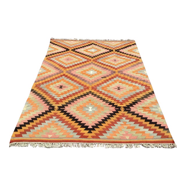 Vintage Turkish Diamond Design Kilim Rug - 110" X 79.5" For Sale