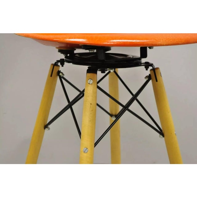 Wood Modernica Orange Fiberglass Eames Style Shell Case Study Dowel Swivel Barstool For Sale - Image 7 of 11