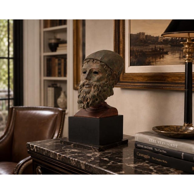 19th Century Grand Tour Patinated Bronze Head of a Classical Bearded Deity, Poseidon Bronze head: 14 in. high (35.5 cm)...