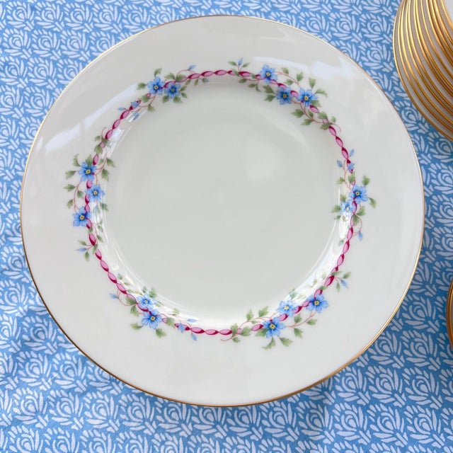 Lenox 1980s Lenox “Belvidere” vintage fine china // 12 4-piece place settings // blue flowers and pink ribbon with gold rim // wedding gift For Sale - Image 4 of 8