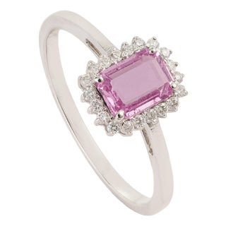 Art Deco Emerald-Cut Pink Sapphire & Diamond Halo Ring in 14k White Gold Size 8 For Sale