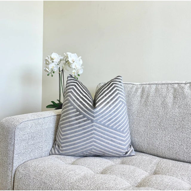 Contemporary Gray Alternative Stripe Velvet Throw Pillow With Feather Down Insert For Sale - Image 3 of 7