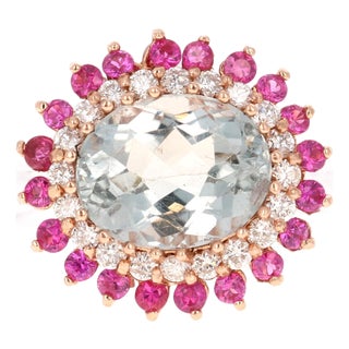 3.57 Carat Natural Tourmaline Sapphire Diamond Rose Gold Cocktail Ring, Size 7 For Sale