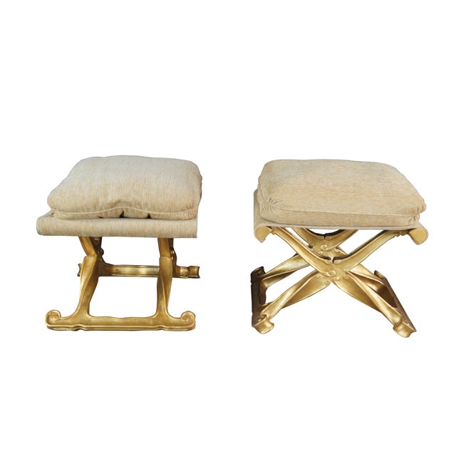 Rococo Late 20th Century Baker Furniture French Louis XV Gilt X Form Pliants Ottoman Footstools- a Pair For Sale - Image 3 of 10