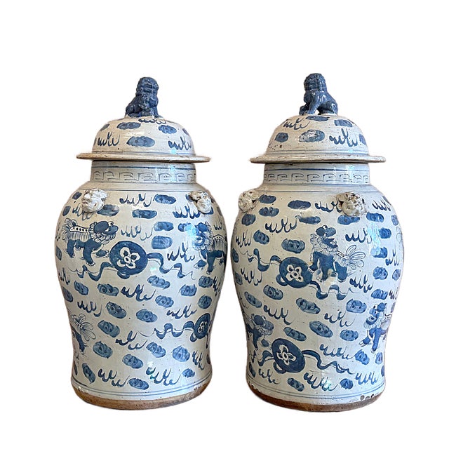 Large Chinoiserie Temple Jars With Foo Dog Designs - A Pair For Sale In Houston - Image 6 of 8