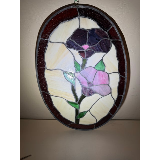 Vintage Handcrafted Oval Shaped Large Floral Motif Stained Glass Panel Suncatcher Window Hanging 18” X 13” For Sale - Image 9 of 9