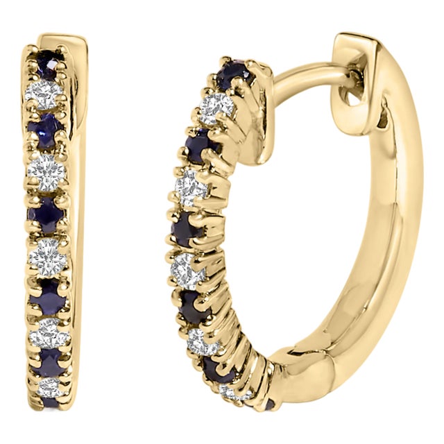 10K Yellow Gold Alternating Blue Sapphire 1/10 Cttw Diamond Huggy Hoop Earrings , A Pair(I-J Color, I1-I2 Clarity) For Sale