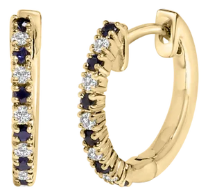 10K Yellow Gold Alternating Blue Sapphire 1/10 Cttw Diamond Huggy Hoop Earrings , A Pair(I-J Color, I1-I2 Clarity)