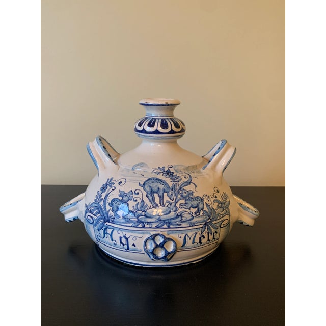 Vintage Italian Hand Painted Blue and White Faience Pottery Jug Vase For Sale - Image 12 of 12