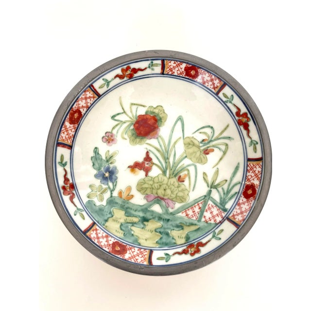 Japanese 1970s Japanese Pewter Encased Porcelain Decorative Bowl For Sale - Image 3 of 5