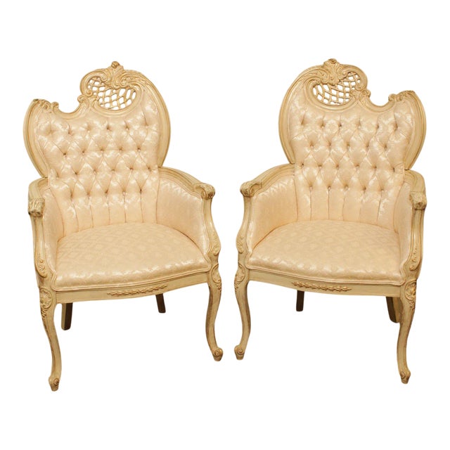 French Louis XV Style Vintage Pair Cream Painted Tufted Fire Side Chairs For Sale