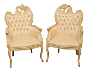 French Louis XV Style Vintage Pair Cream Painted Tufted Fire Side Chairs