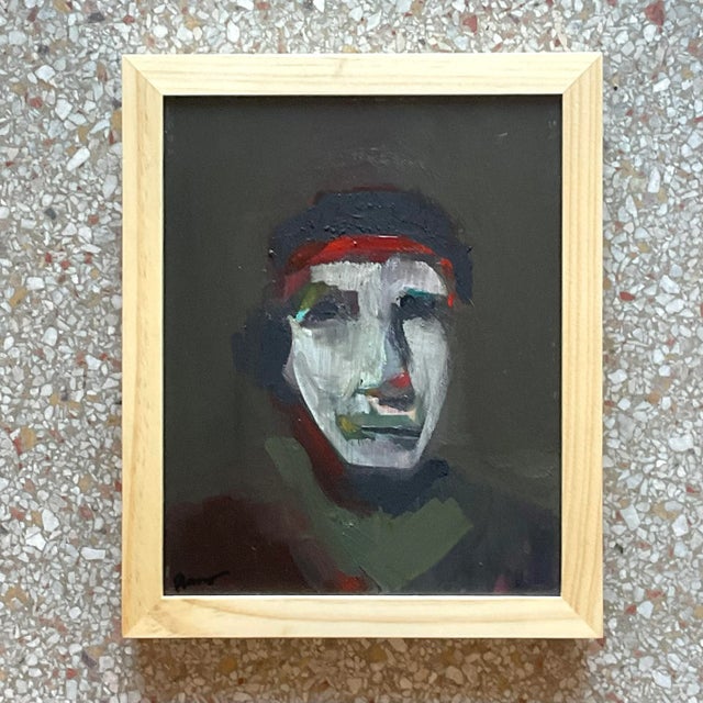 A fantastic vintage Boho original oil painting. A chic Abstract portrait in deep rich colors. Signed by the artist....