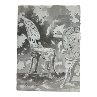 Vintage Watercolor Painting of Iron Chairs in a Garden by Judi Betts For Sale