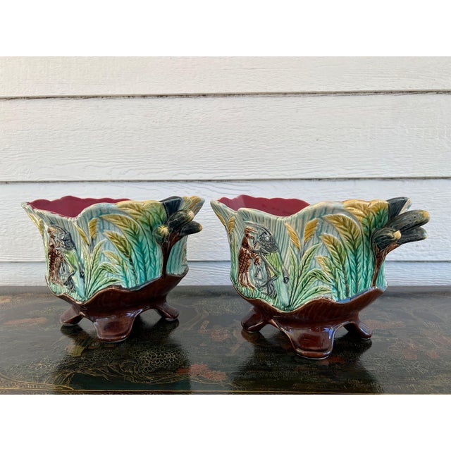 Pair Antique French Majolica Jardinières Insect Musician Cache Pot Planter C1880 For Sale - Image 14 of 18